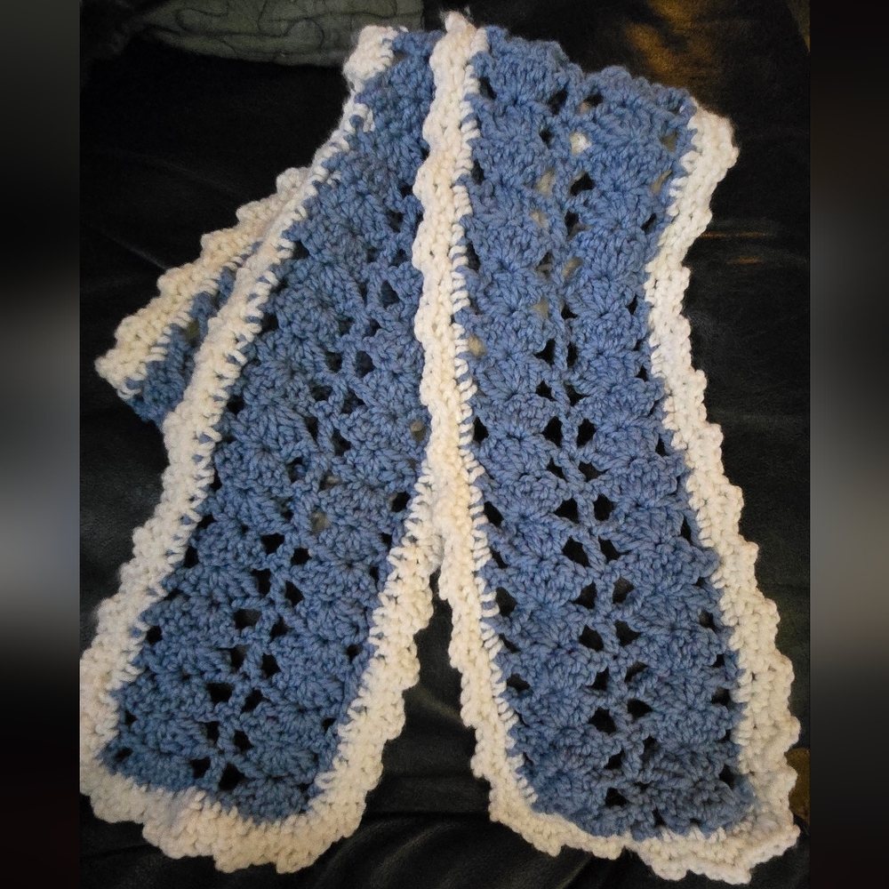 Homemade Artisan Blue & White Crochet Scarf 60" - Picture 2 of 6